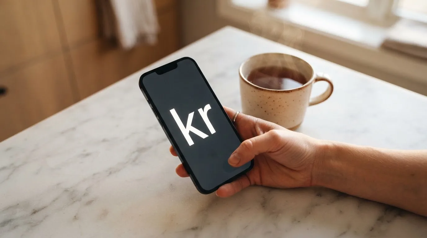 Hånd holder en mobiltelefon ved siden af en kop te ved et køkkenbord en rolig aften — 10 kroner casino i danmark