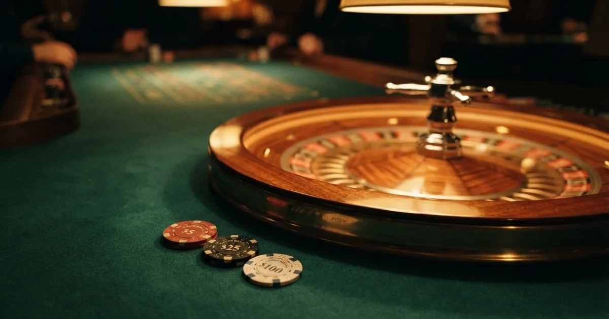 Roulettehjul og spillemærker på grønt filt i varmt aftenlys — 100 kroner casino i danmark