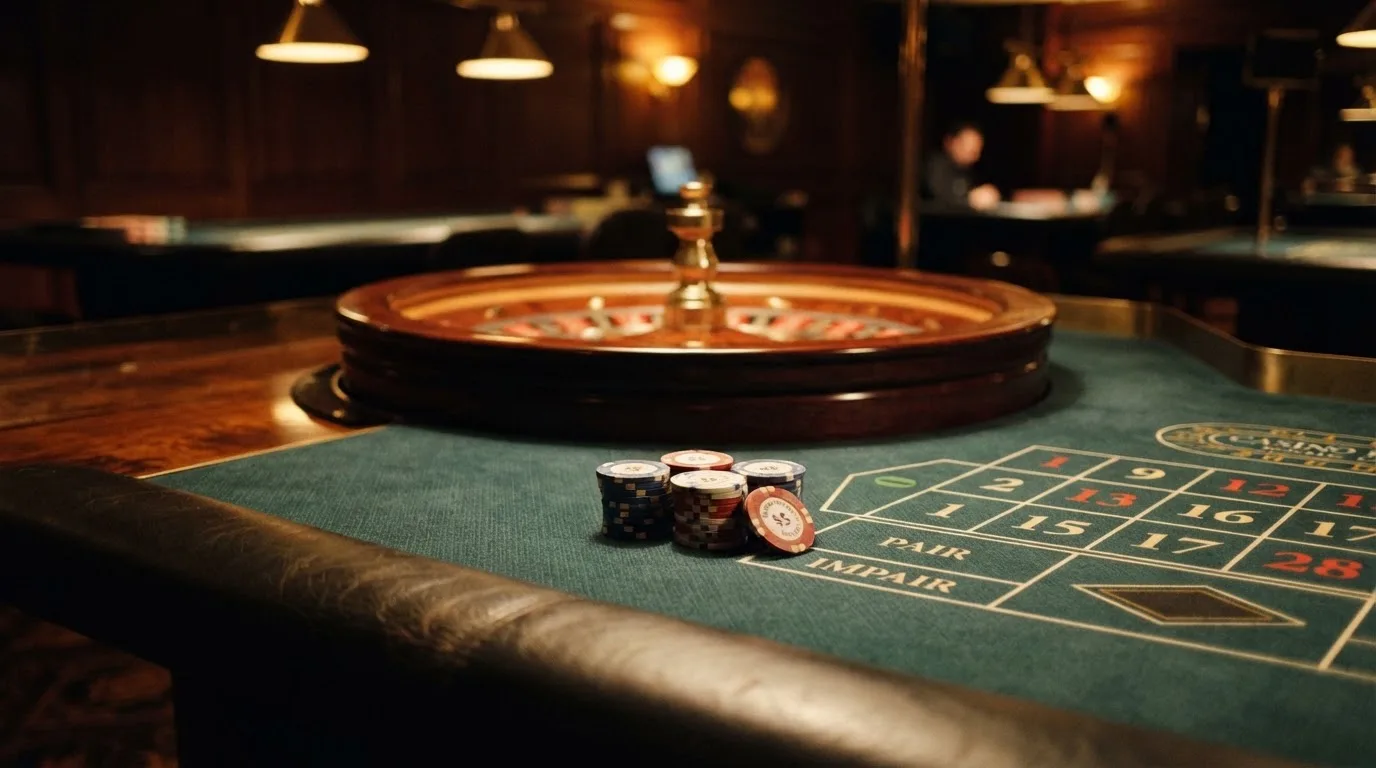 Roulettehjul og spillemærker på grønt filt i varmt aftenlys — anmeldelser af casinoer