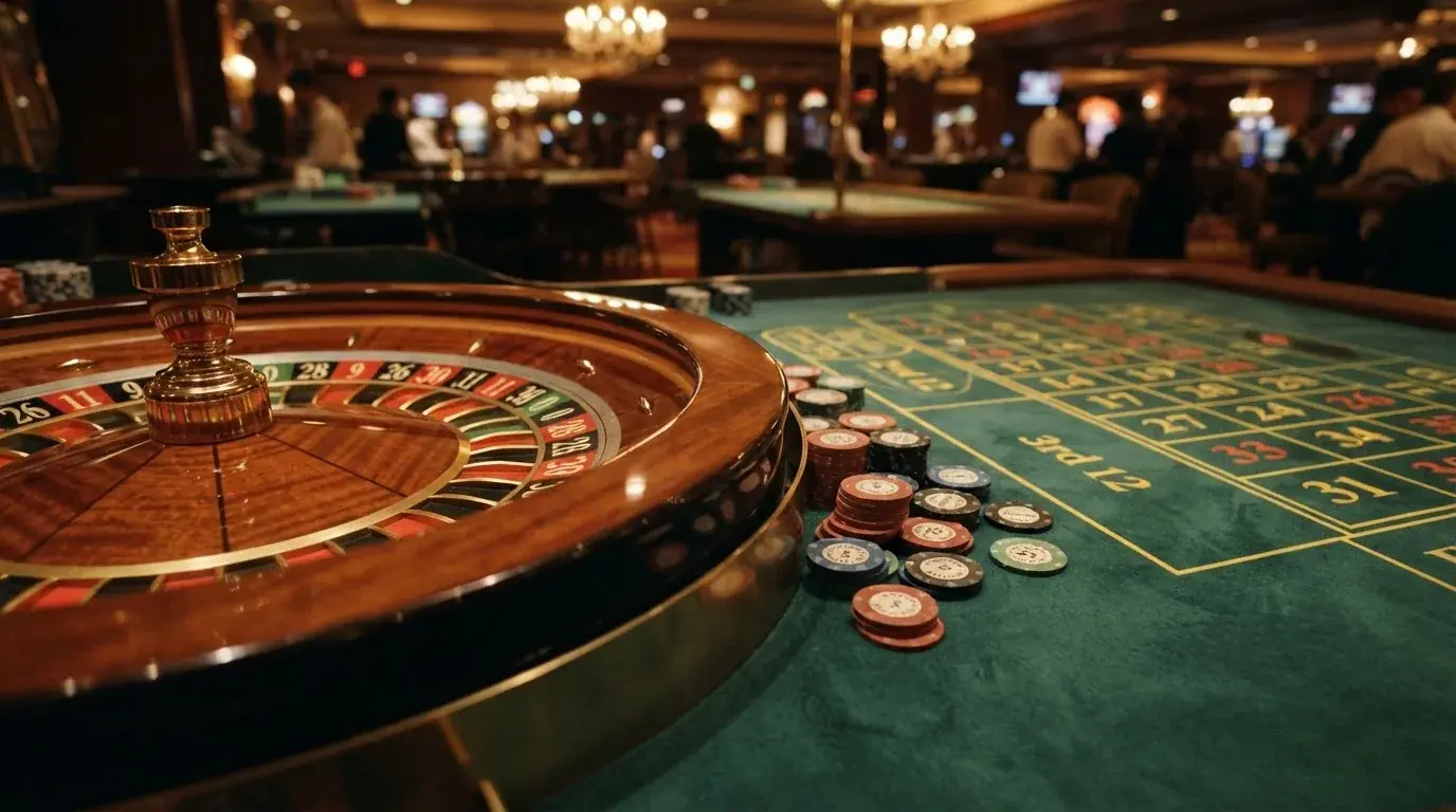 Roulettehjul og spillemærker på grønt filt i varmt aftenlys — bedste blackjack casinoer
