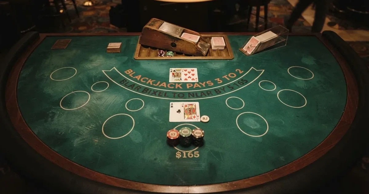 Oplyst spillebord med kort, set ovenfra — bedste blackjack i danmark