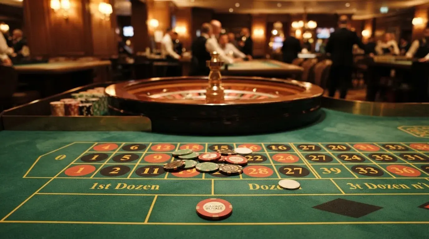 Roulettehjul og spillemærker på grønt filt i varmt aftenlys — bedste blackjack i danmark