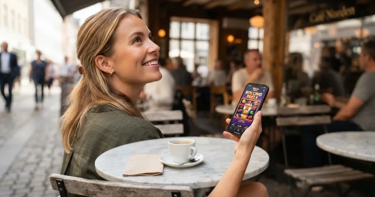 En ung kvinde sidder på en café i København og holder en smartphone i hånden, mens hun kigger op og smiler i dagslys.