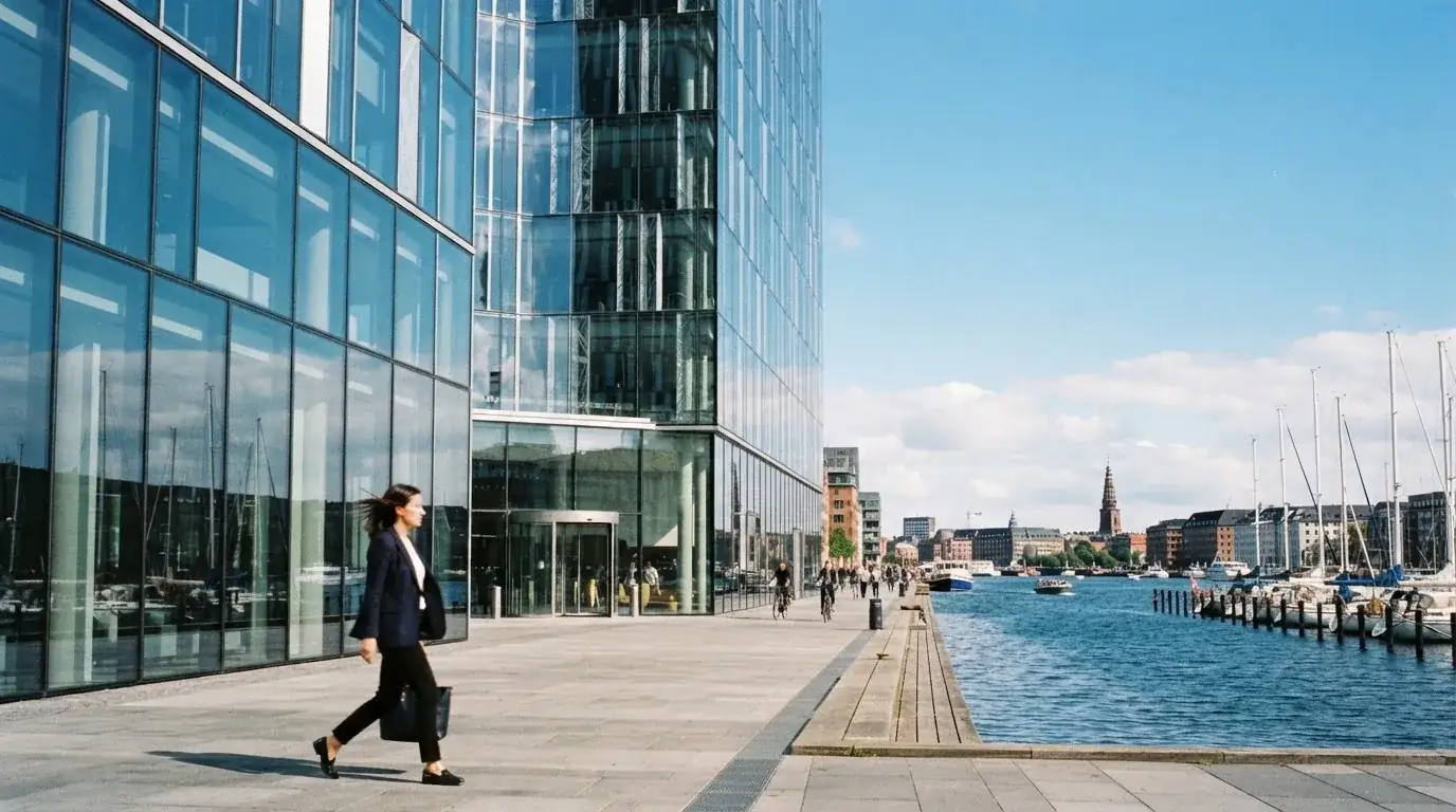 En moderne kontorbygning med glasfacade ved Københavns havn i klart dagslys, med en medarbejder i blazer, der går forbi.