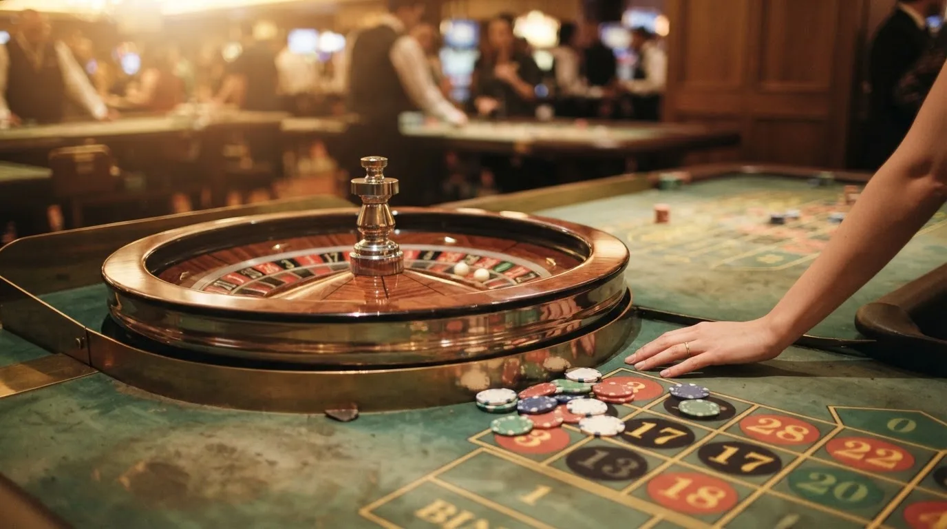 Roulettehjul og spillemærker på grønt filt i varmt aftenlys — bedste danske casino bonusser