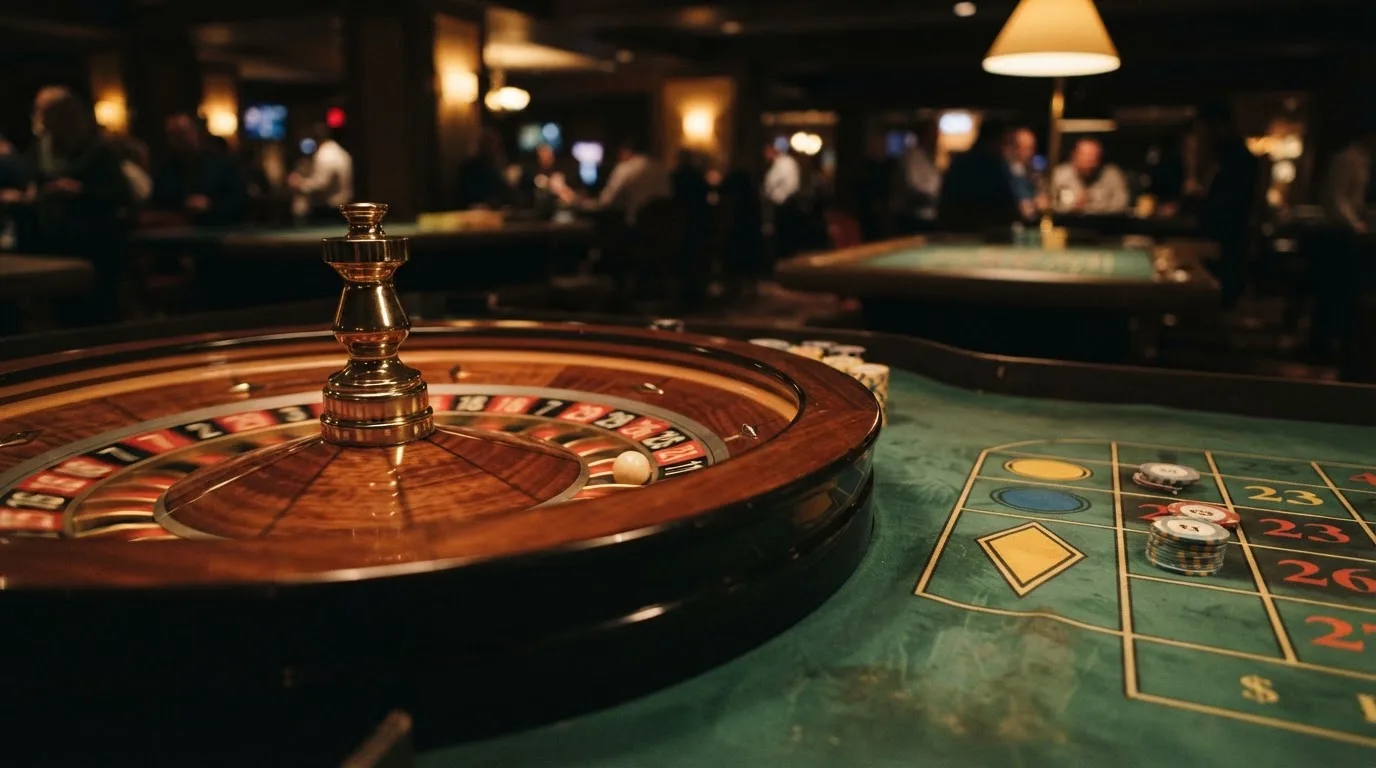Roulettehjul og spillemærker på grønt filt i varmt aftenlys — bedste roulette casinoer