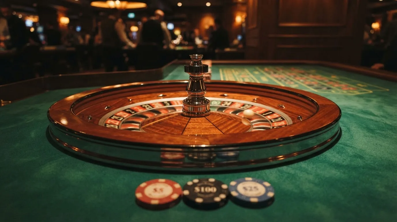 Roulettehjul og spillemærker på grønt filt i varmt aftenlys — bedste slots casinoer