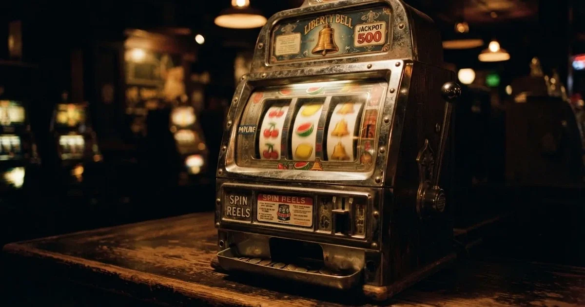 Nærbillede af tre roterende hjul med farverige frugtsymboler på en klassisk spilleautomat i et dæmpet, varmt oplyst spillelokale.