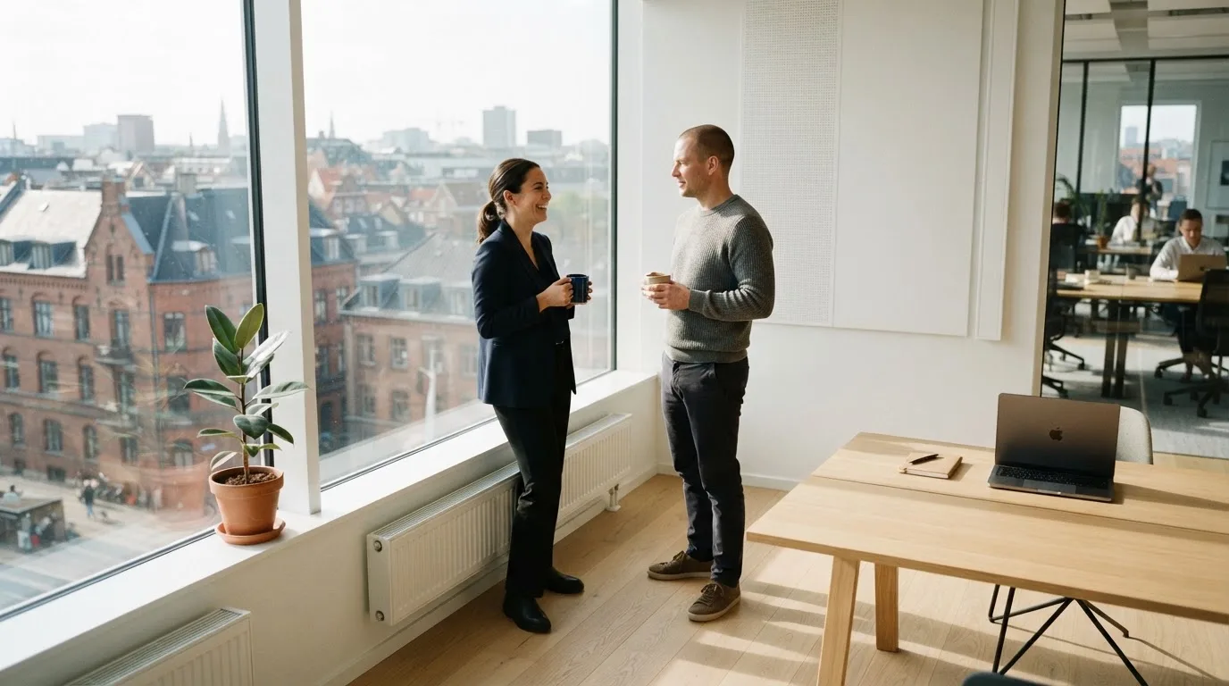 To medarbejdere står ved et stort vindue i et lyst kontor i København og taler sammen med kaffekopper i hænderne.