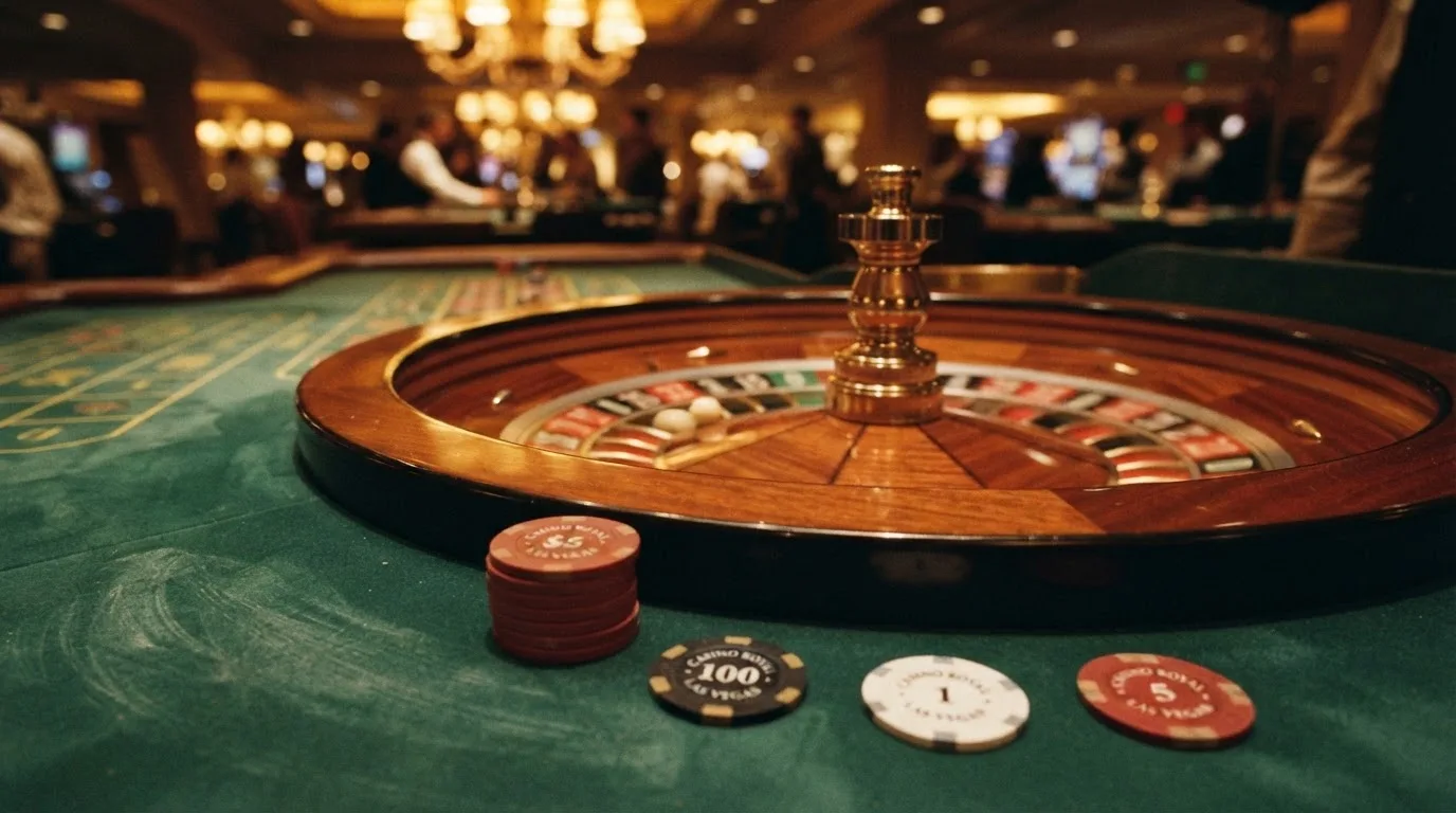 Roulettehjul og spillemærker på grønt filt i varmt aftenlys — casino bonus til eksisterende kunder