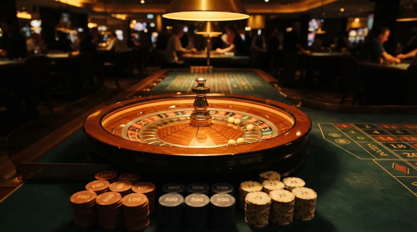 Roulettehjul og spillemærker på grønt filt i varmt aftenlys — casino bonus uden indskud dk