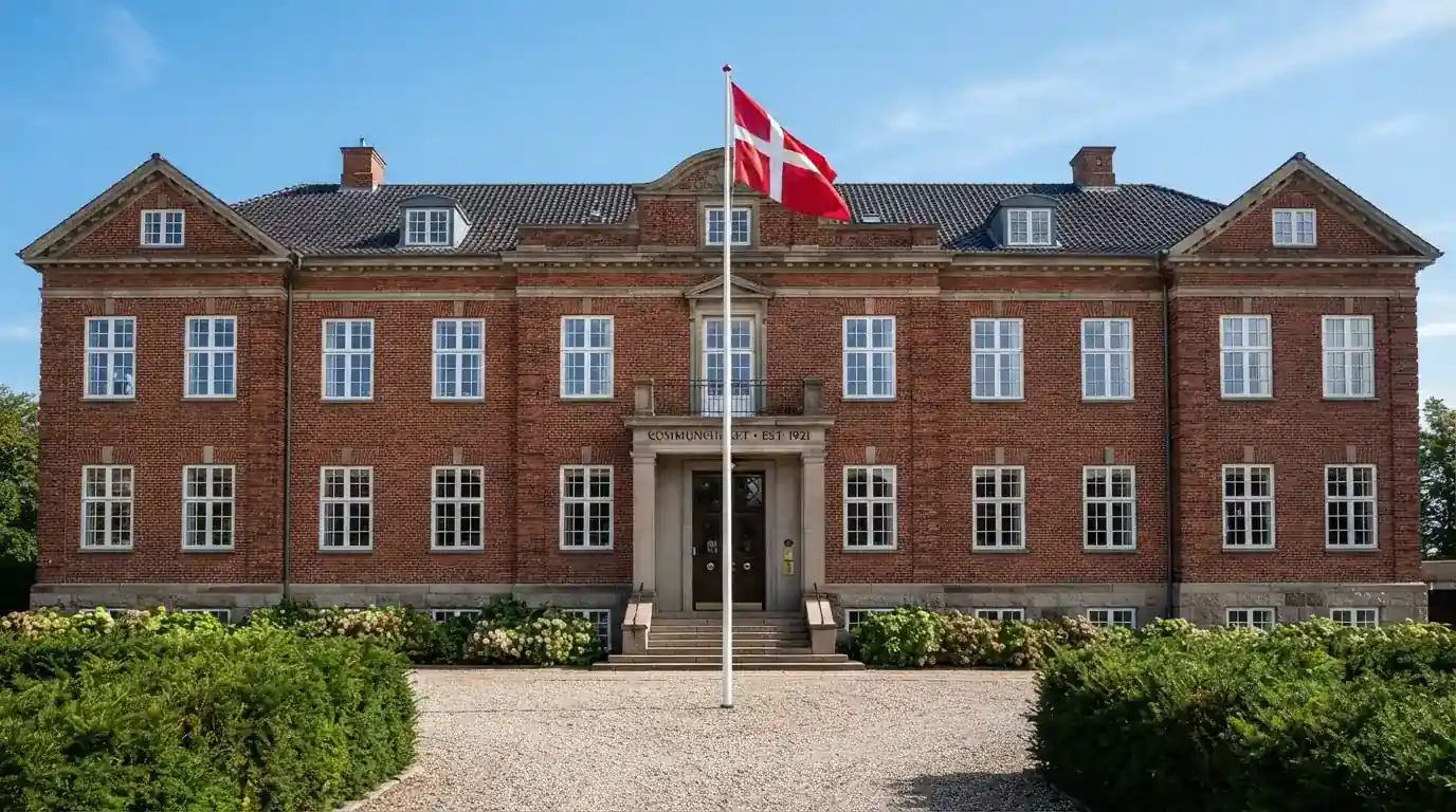Facade af en klassisk dansk administrationsbygning i røde mursten med flagstang under blå himmel, uden personer.