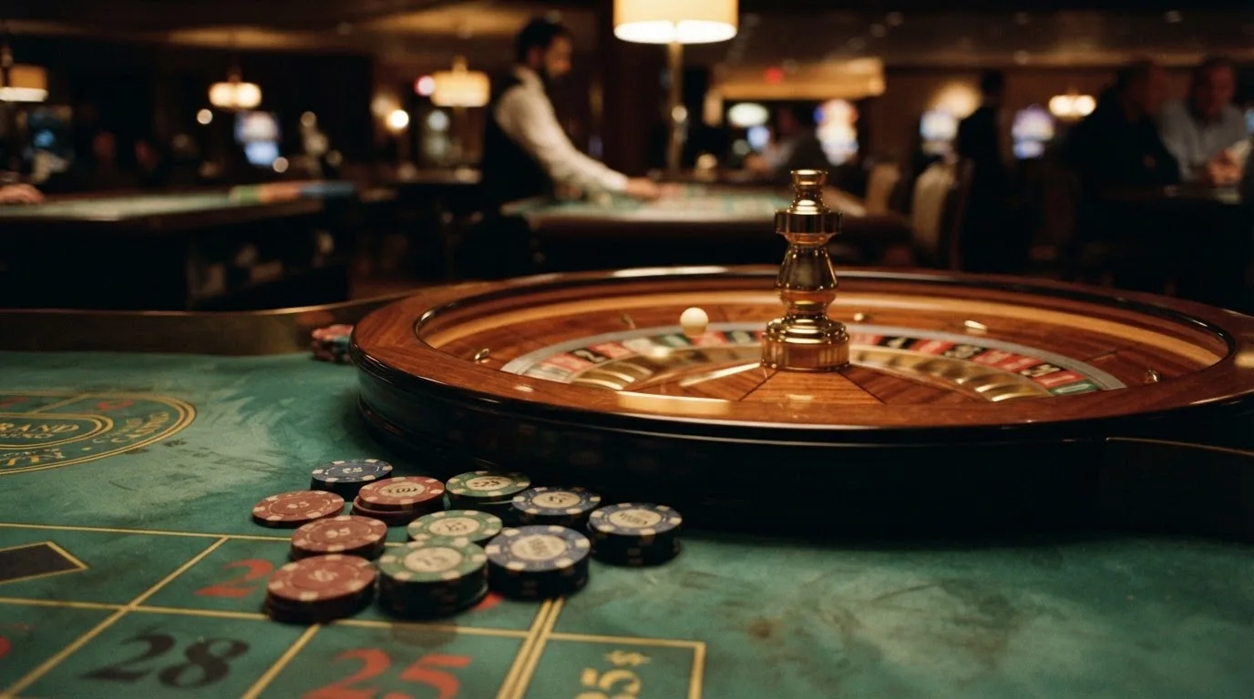 Roulettehjul og spillemærker på grønt filt i varmt aftenlys — casino med cardano i danmark