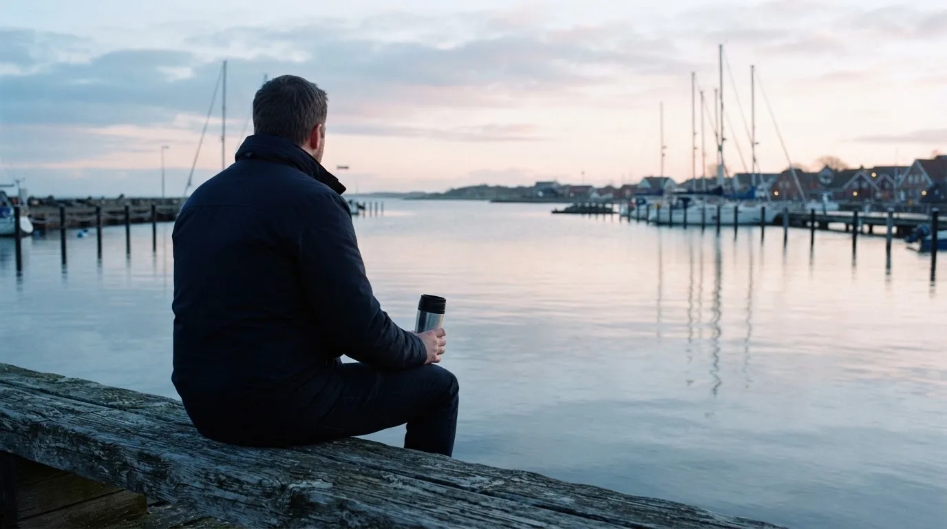En mand sidder på en bænk ved havnen en tidlig morgen og ser ud over vandet med en termokop i hånden.