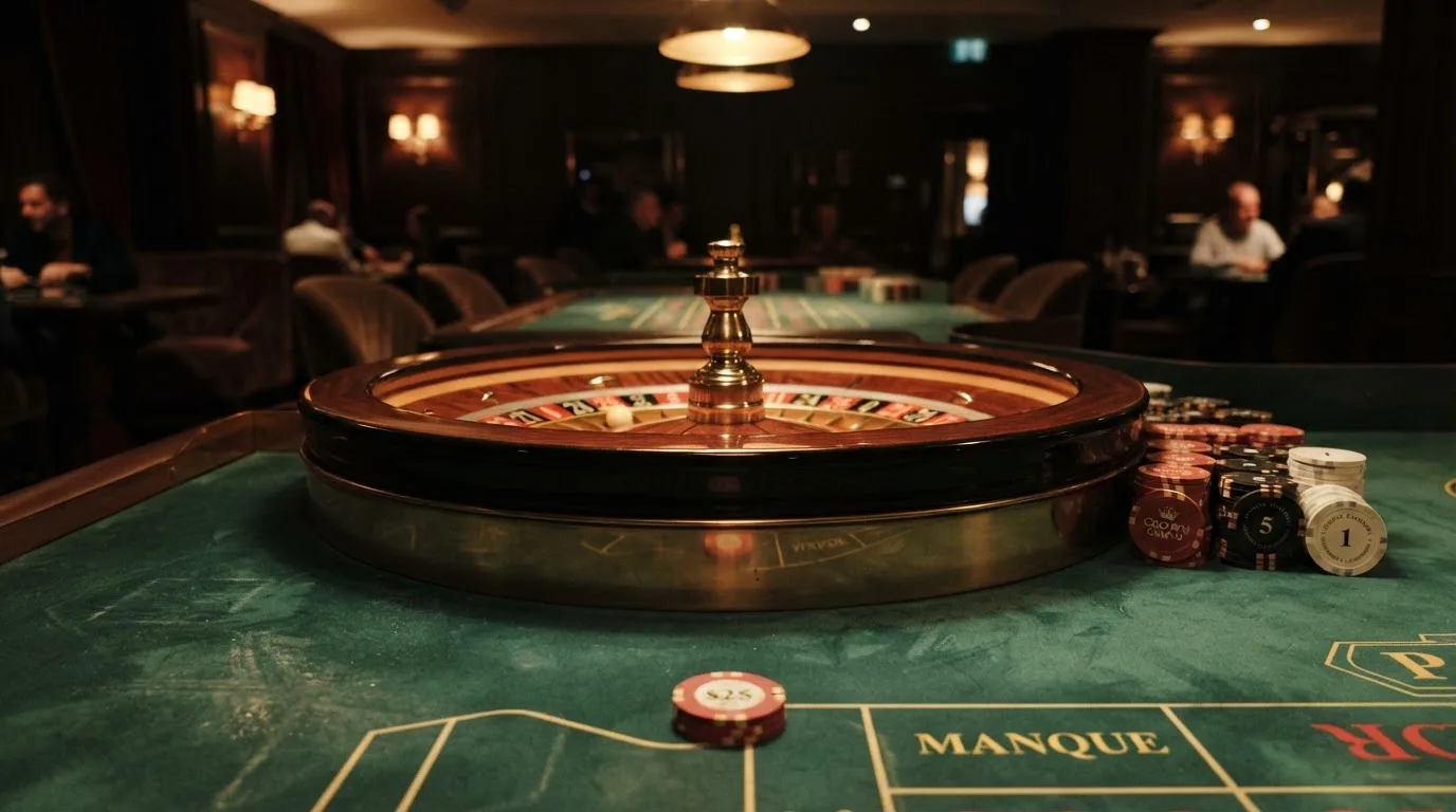 Roulettehjul og spillemærker på grønt filt i varmt aftenlys — casino med dogecoin i danmark