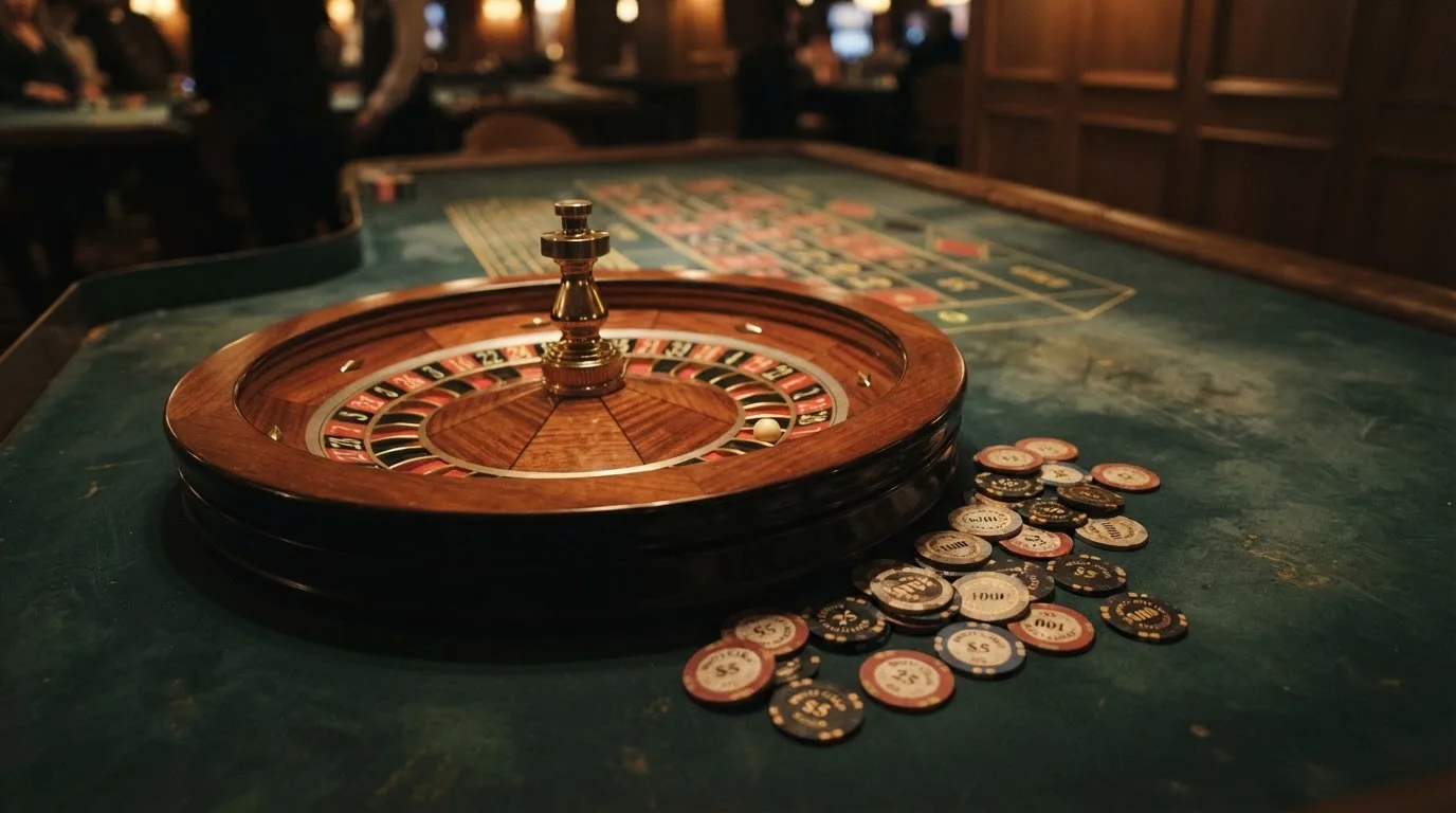 Roulettehjul og spillemærker på grønt filt i varmt aftenlys — casino med högst rtp