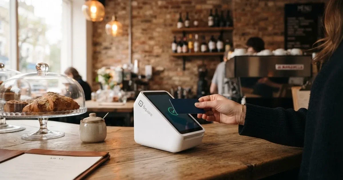 Kunde betaler med kontaktløst kort ved en kortterminal i en lille café, set fra siden, uden synlige tal.