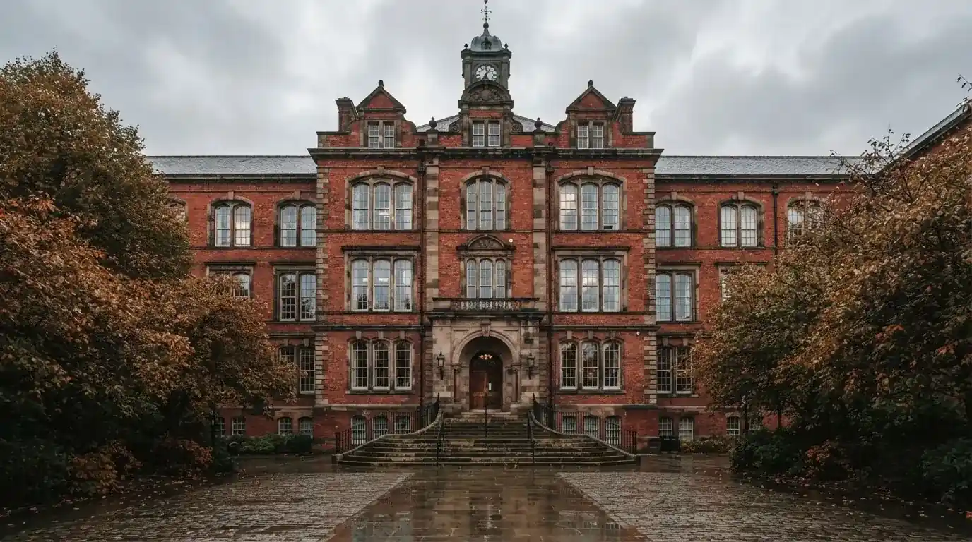 Facade af en gammel administrationsbygning i røde mursten med høje vinduer under skyet himmel, uden personer.