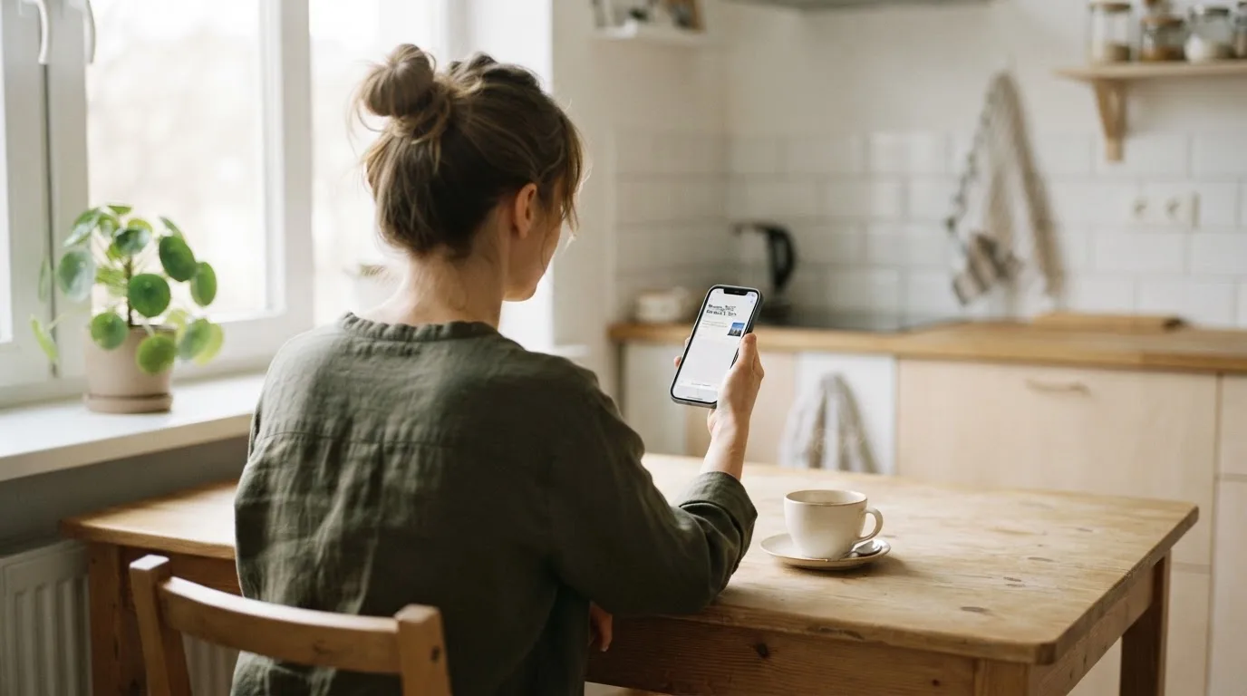 Kvinde smiler og trykker på sin mobil i et dagligt køkkenmiljø med en kop kaffe i morgenlys.