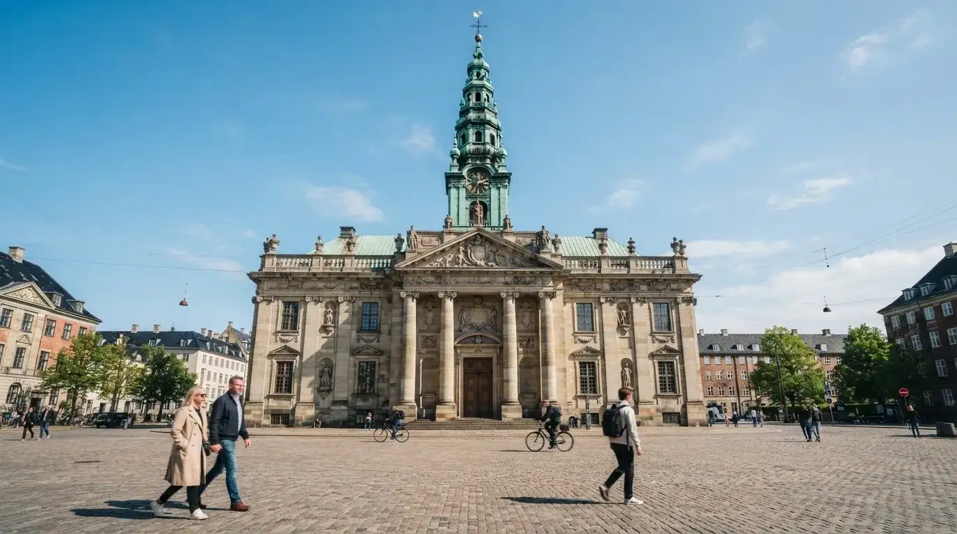 En historisk bygning i København med grøn kobbertag og kolonner i klart dagslys, set fra pladsen foran.