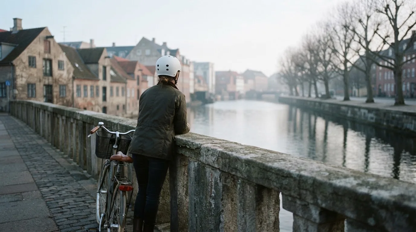 Kvinde i cykelhjelm holder pause ved en bro over en kanal og ser ud over vandet i morgenlys.