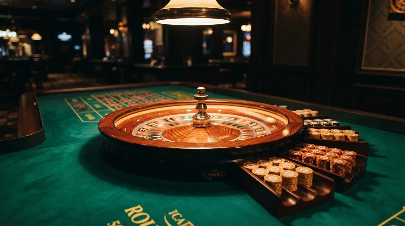 Roulettehjul og spillemærker på grønt filt i varmt aftenlys — casino uden dansk licens