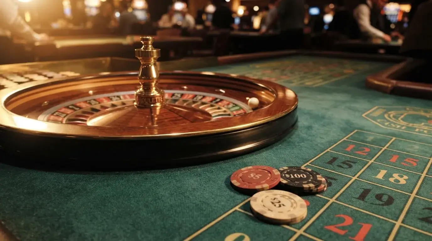 Roulettehjul og spillemærker på grønt filt i varmt aftenlys — dansk live roulette