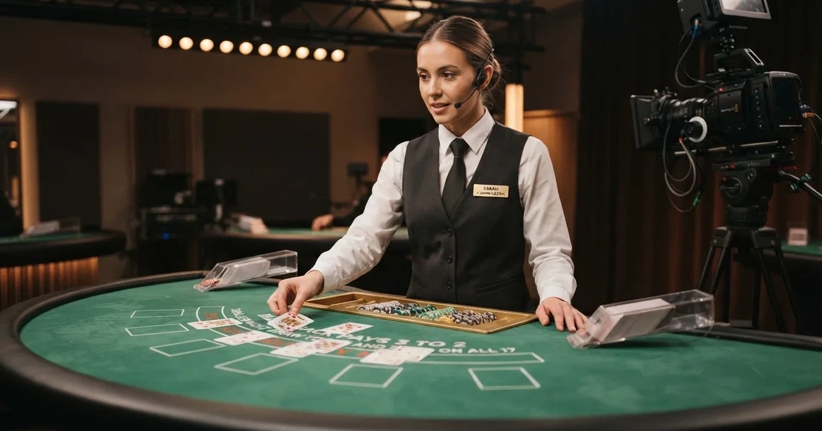 En dealer i hvid skjorte og vest står bag et grønt bord i et professionelt studie og vender et kort, set lidt fra siden.