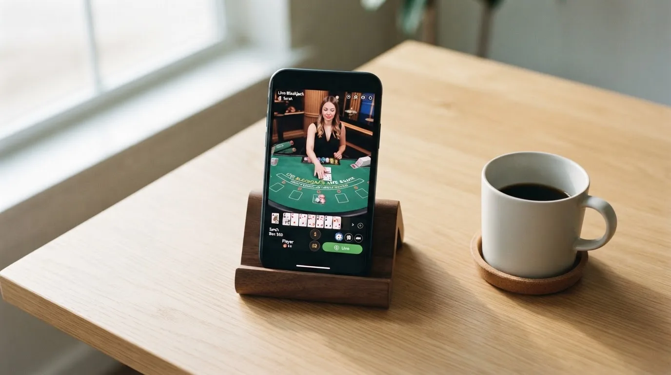 En smartphone på et stativ viser en uskarp videostream af et spillebord, mens en kaffekop står ved siden af på et skrivebord.