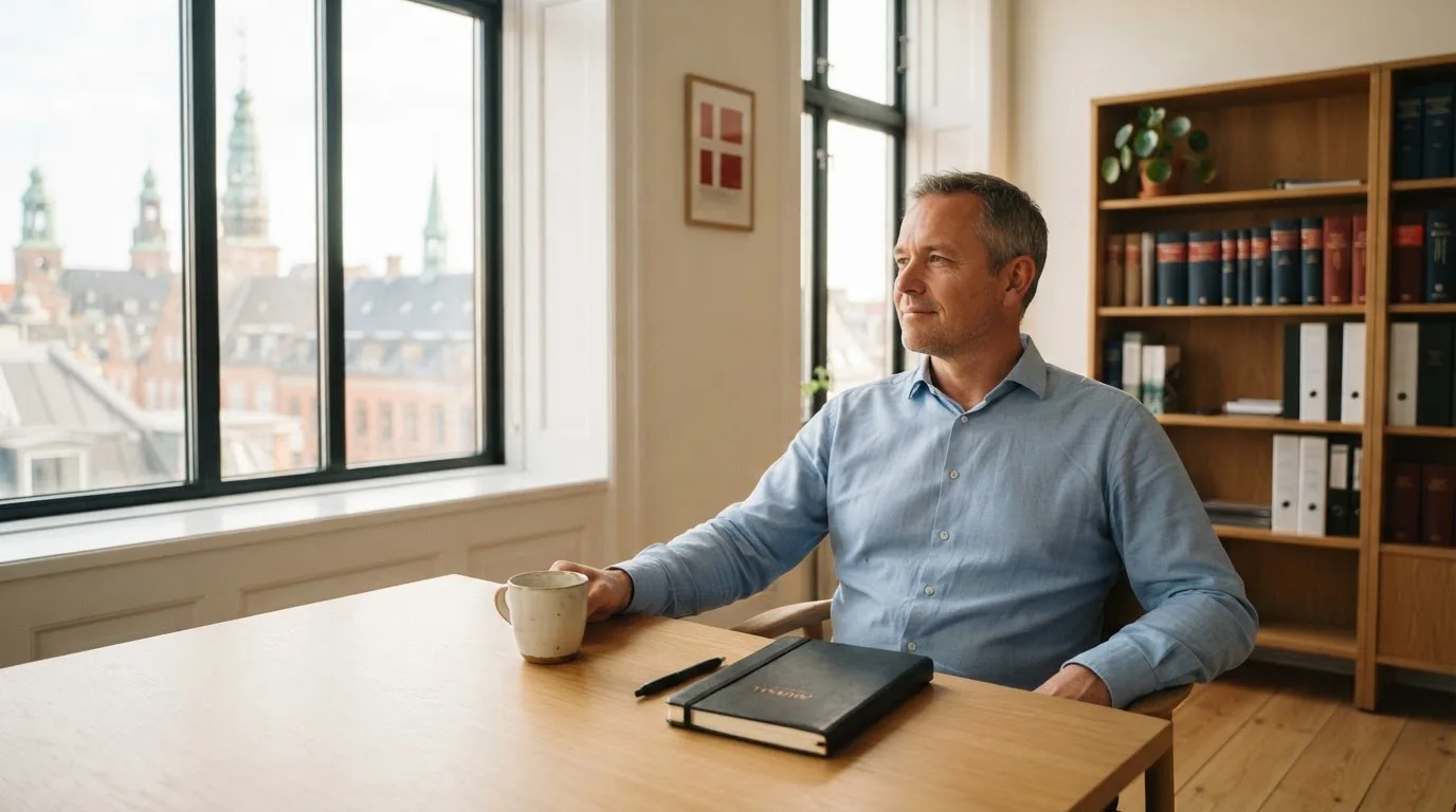 Jurist sidder ved et skrivebord i et lyst københavnsk kontor med reol, kaffekop og store vinduer og kigger eftertænksomt ud.