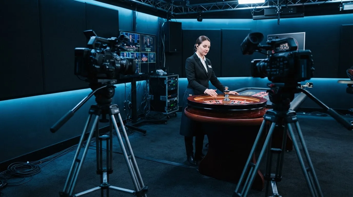 Kameraer på stativer og et roulettehjul midt i et mørkt livecasino-studie med en dealer i uniform, set fra siden i blåligt lys.