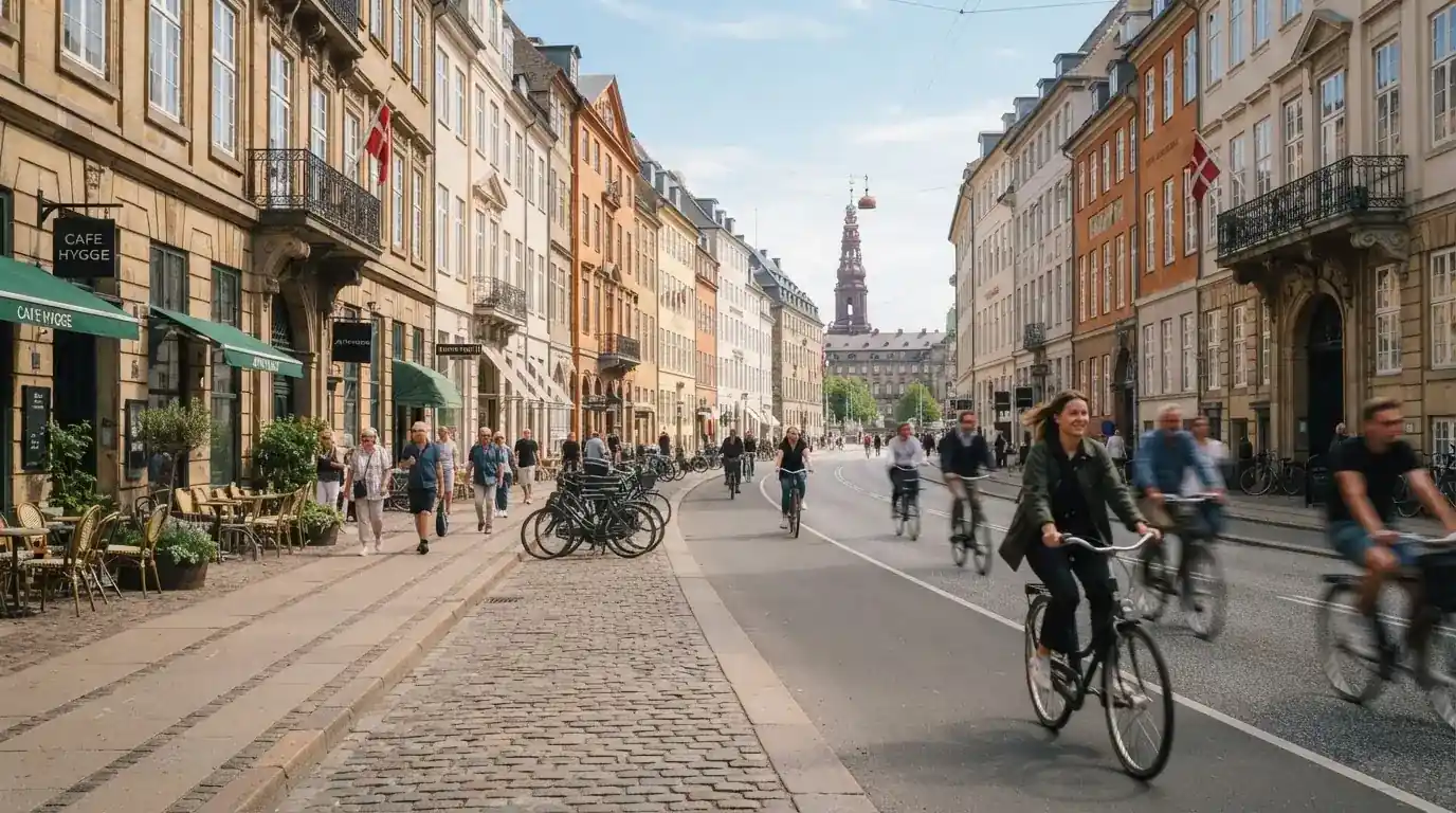 Københavnsk gade med klassiske sandstensbygninger og cyklister i klart vejr, set fra fortovet.