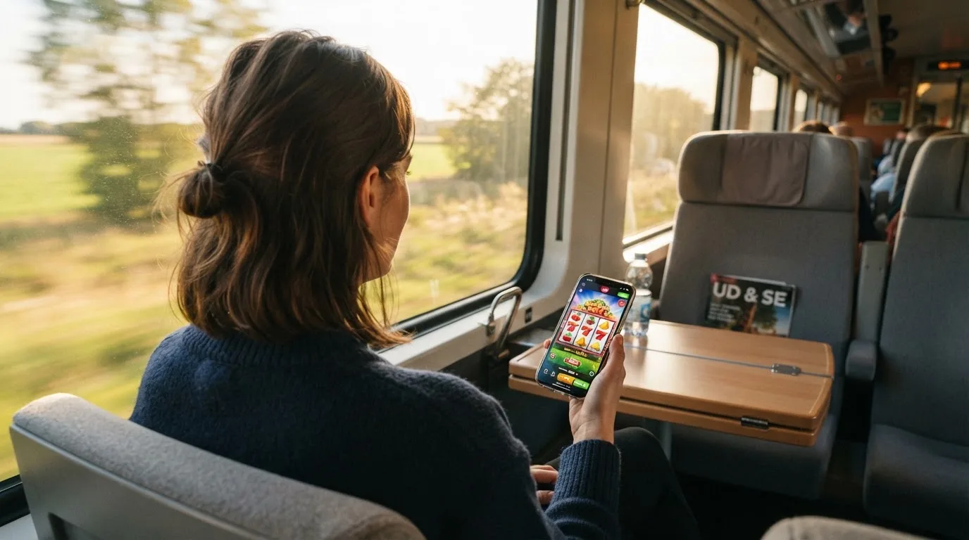 Kvinde på toget ser ud ad vinduet med mobilen i hånden, mens landskabet suser forbi i eftermiddagslys.